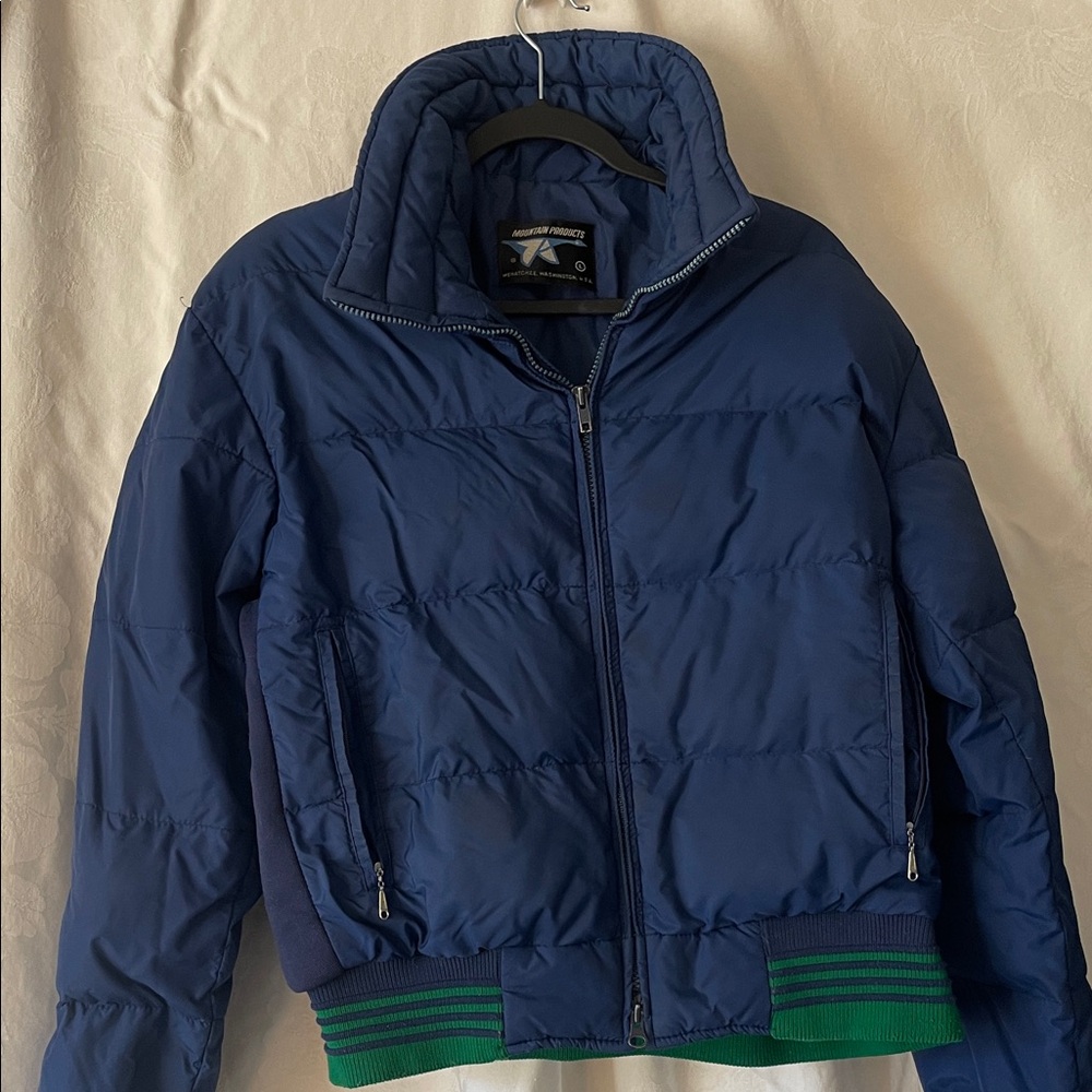 Mountain Products Navy Goose Down Puffer Jacket with Green Trim